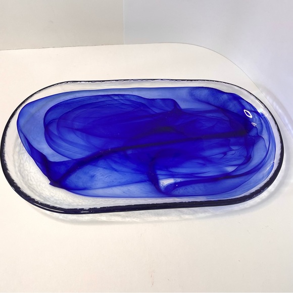 Glass Cobalt Blue Swirl Trinket Serving Tray Dish - Picture 11 of 15